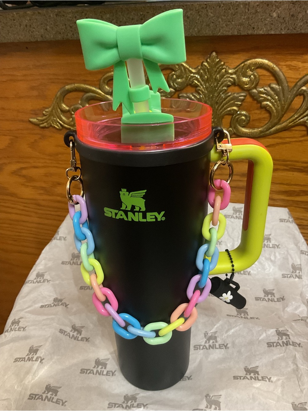 Stanley Black colorway Tumbler with Neon Green Handle and Pastel Rainbow Chain